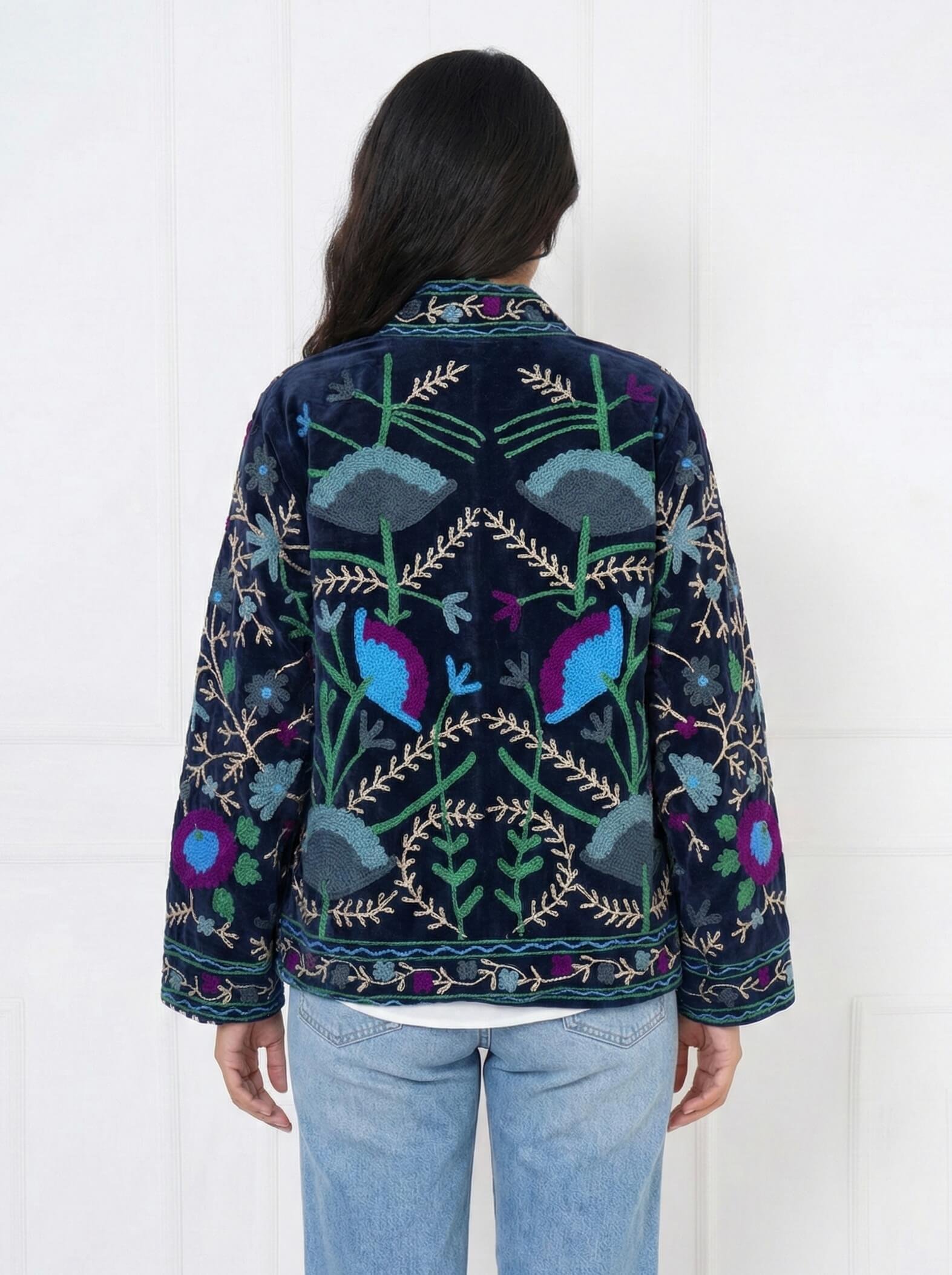 Navy Blue Embroidered Velvet Jacket