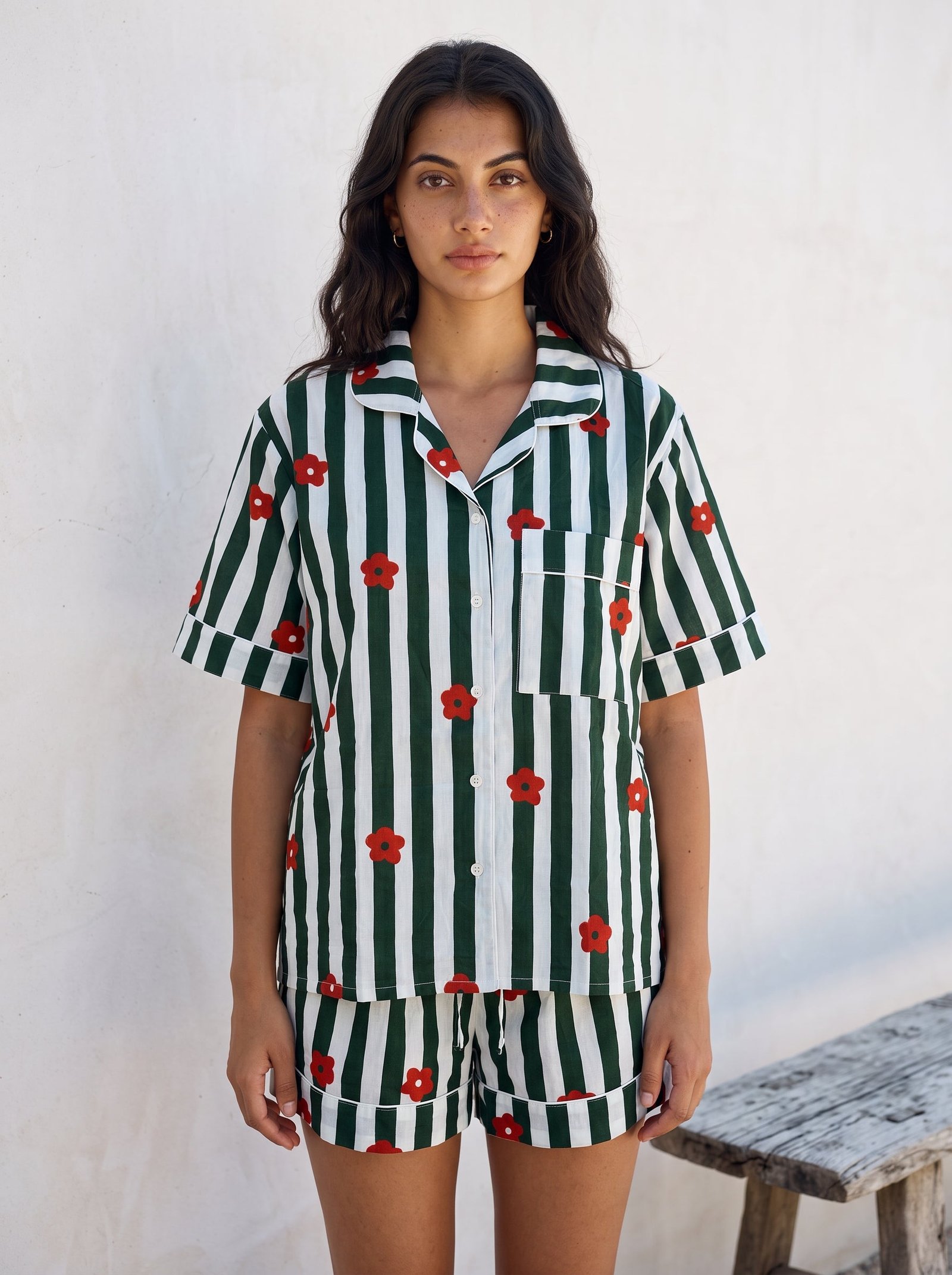 Green Flower Stripe Pajama Set