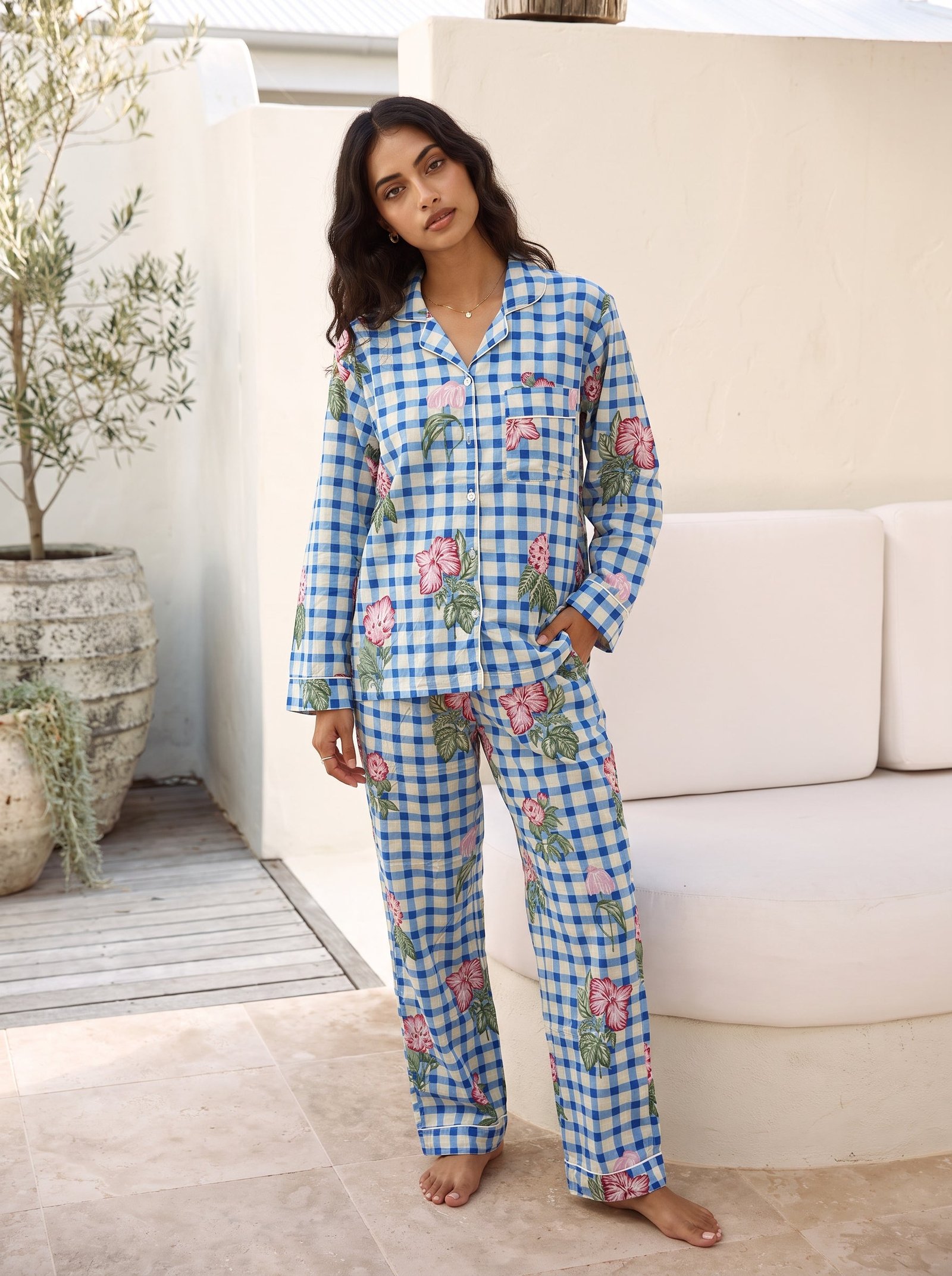 Blue Floral Gingham Pajama Set