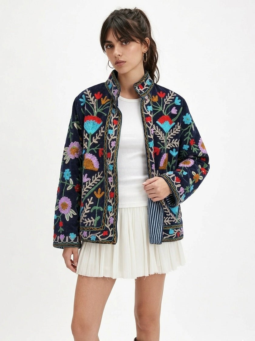 Navy Blue Garden Embroidered Velvet Jacket
