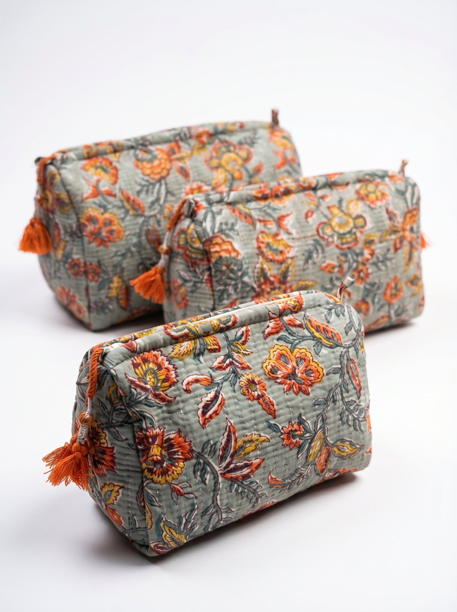 Earthy Olive Floral Quilted Pouch Set (Set of 3)