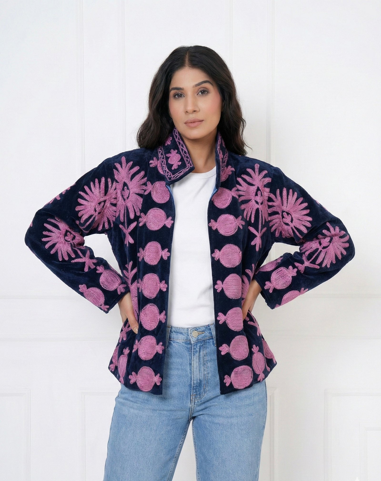 Midnight Blue Velvet Suzani Embroidered Jacket