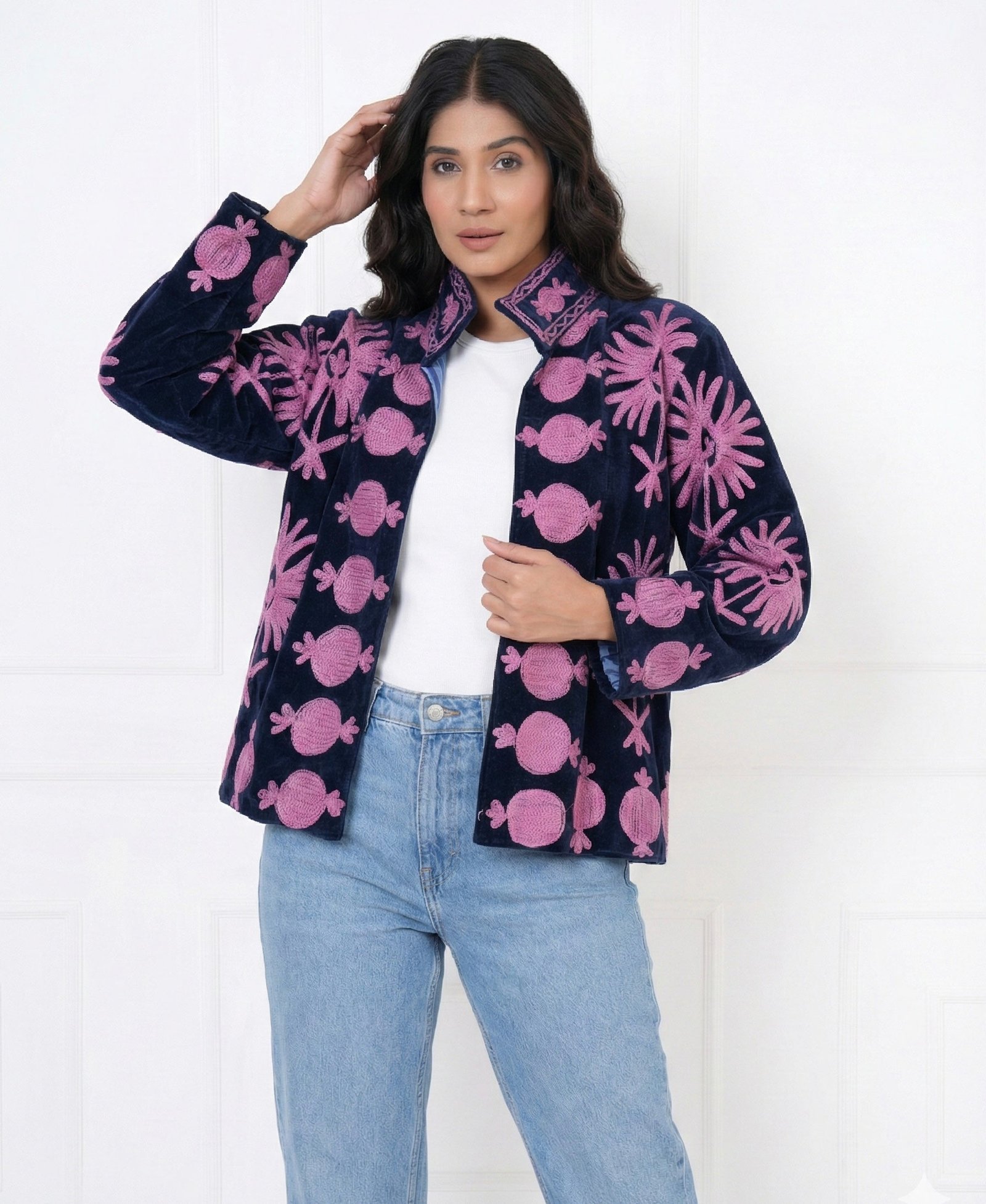 Midnight Blue Velvet Suzani Embroidered Jacket