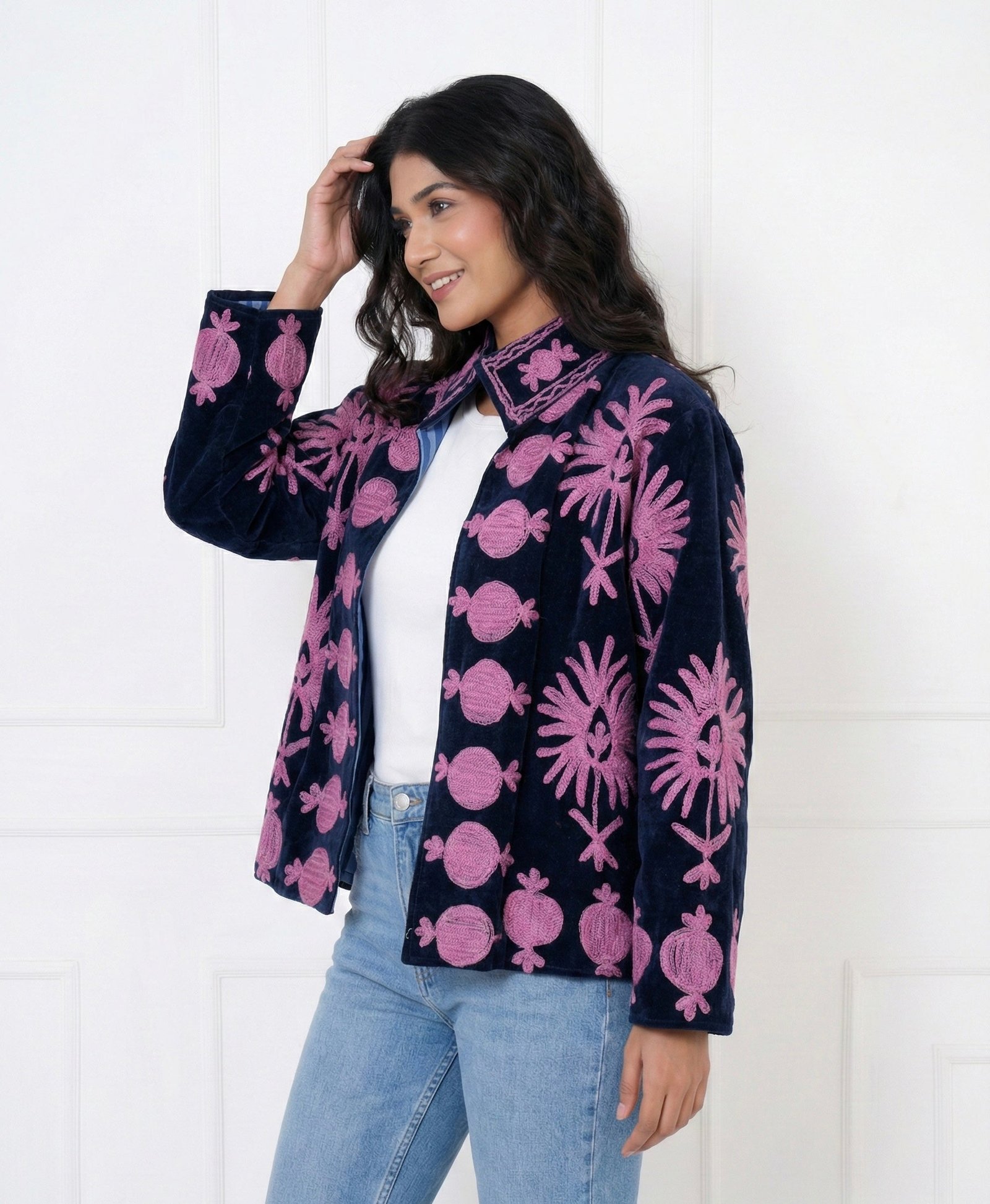 Midnight Blue Velvet Suzani Embroidered Jacket